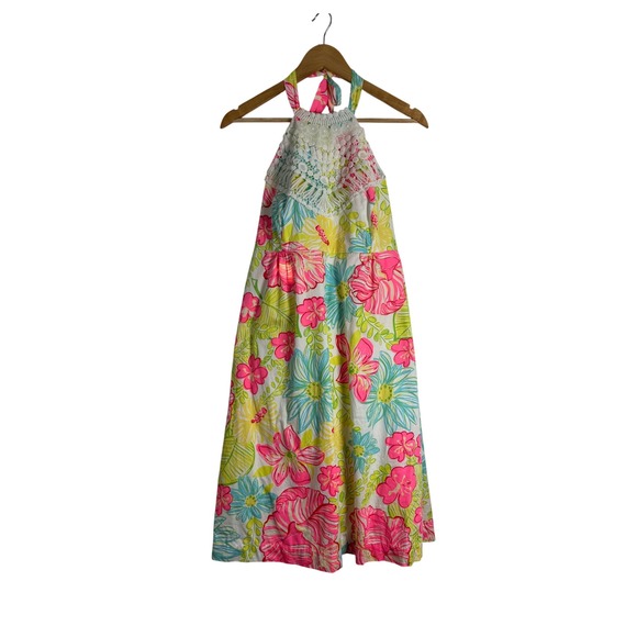 Lilly Pulitzer Dresses & Skirts - Preppy Lilly Pulitzer Women 14 Halter Dress Pink Floral Crochet Lace Tropical